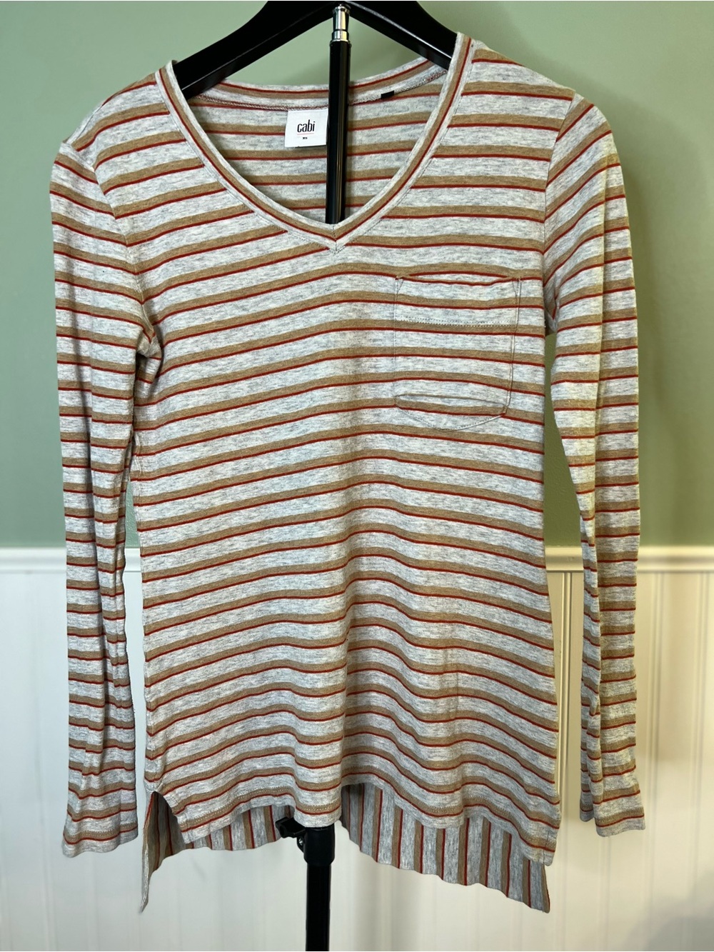 CAbi Rust and Light Gray Striped Long Sleeve Cotton V-Neck Tee. Size XS